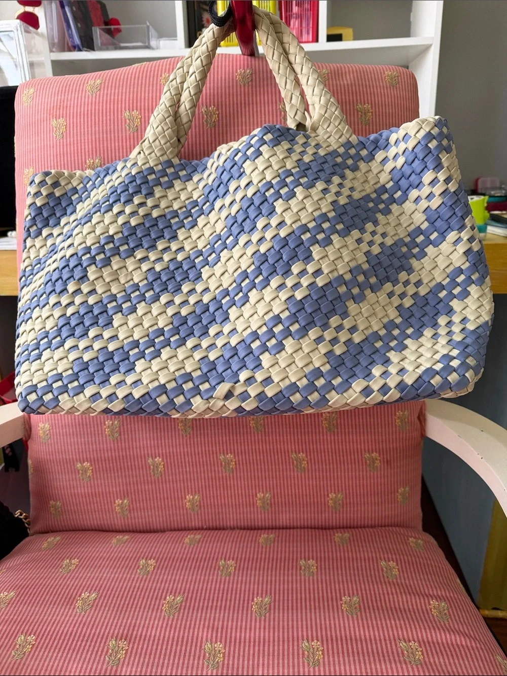 Woven Straw Tote Bag in Blue and Cream